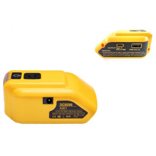 Адаптор за батерии с USB, фенер, 18V DEWALT DCB090, реплика Адаптор за батерии с USB, фенер, 18V DEWALT DCB090, реплика