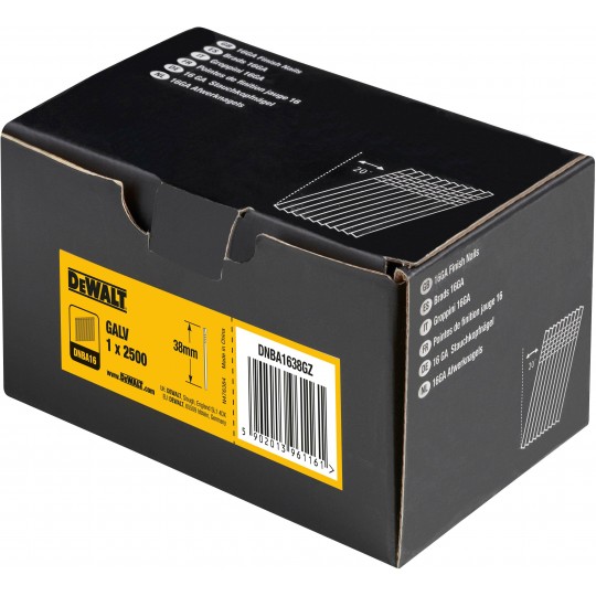 Пирони DeWALT DNBA1638GZ 1.6 х 38 мм, 20 гр., 2500 бр. Пирони DeWALT DNBA1638GZ 1.6 х 38 мм, 20 гр., 2500 бр.