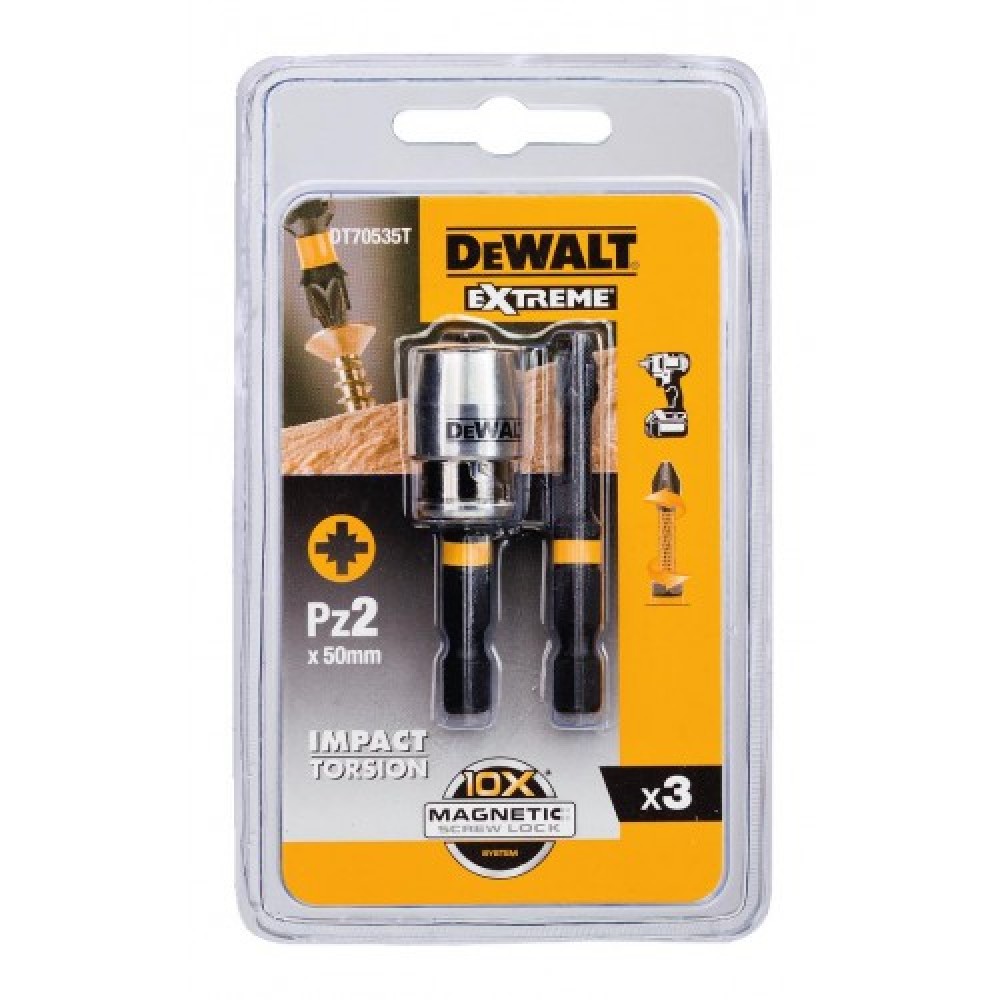 Магнитен адаптор и 2 накрайника PZ2 х 50 IR TORSION IMPACT DEWALT DT70535T